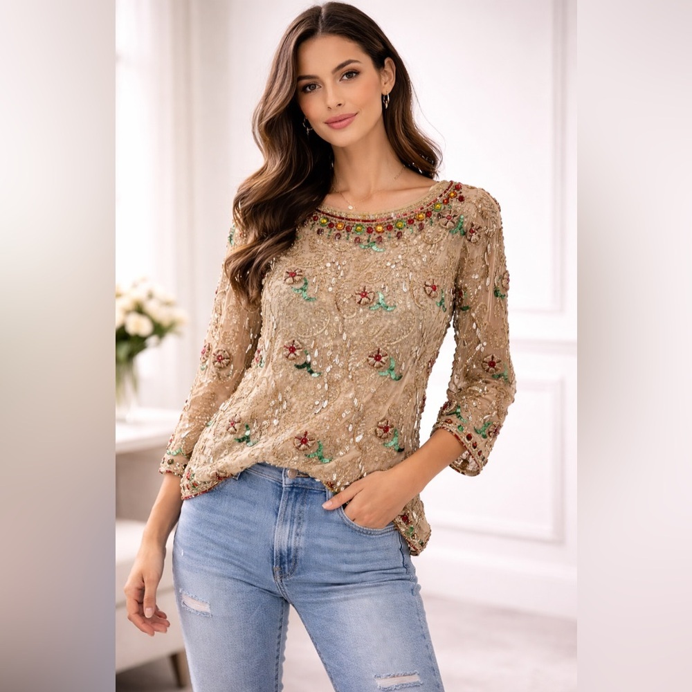 Vintage Floral Beaded Embroidered Pullover Womens Top Mirrored Sequined Size M